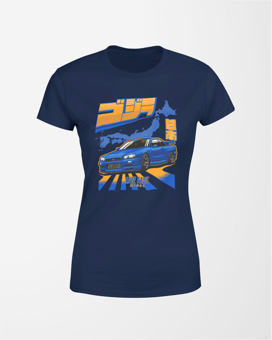 Camiseta Feminina Skyline GTR R34 Godzilla - Marinho