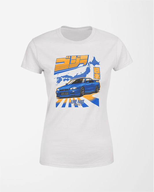 Camiseta Feminina Skyline GTR R34 Godzilla - Branca